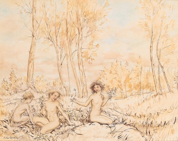 'Three wood nymphs gather flowers in a wood' by British artist Arthur Rackham (1867 - 1939)